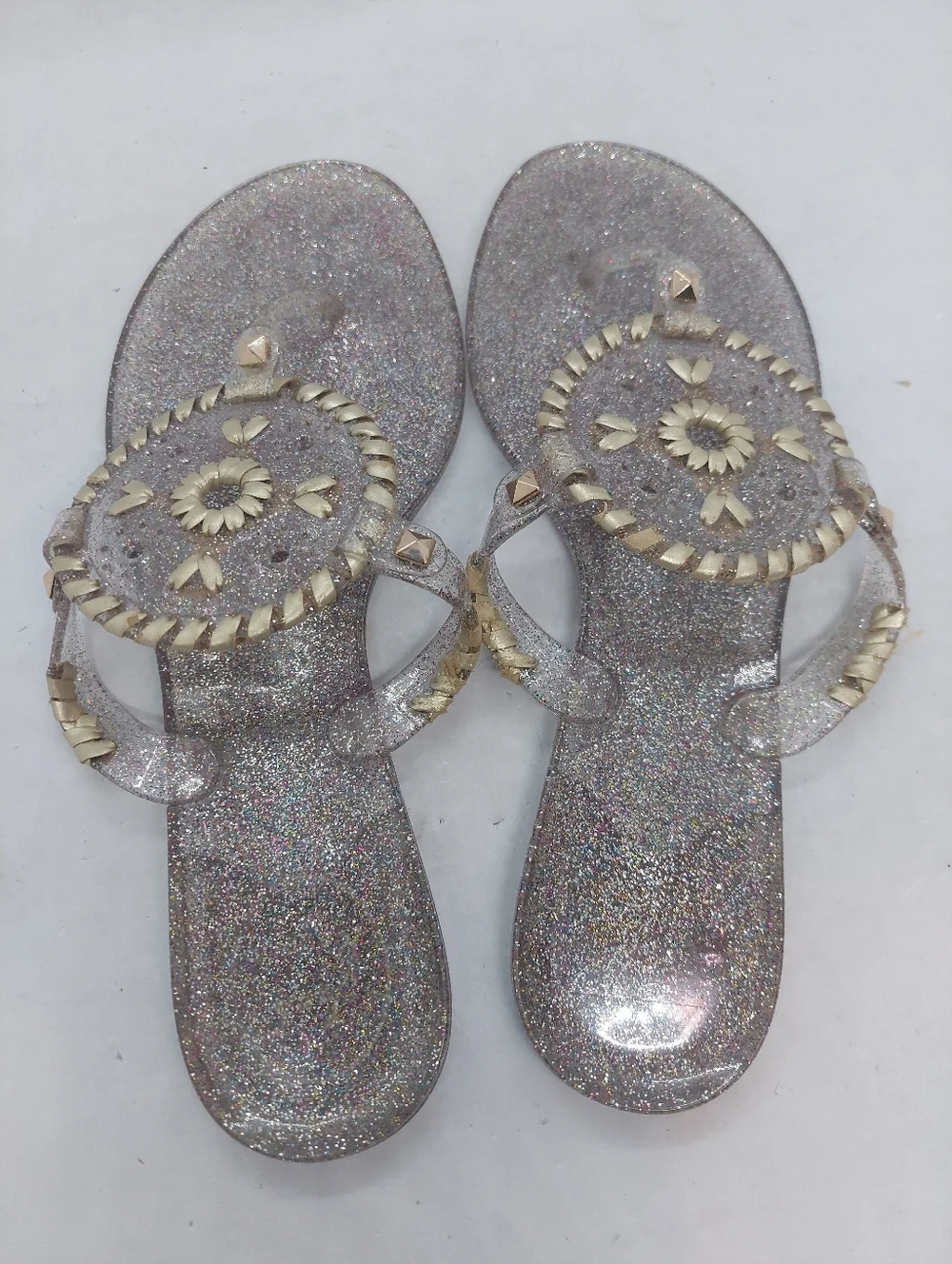 Jack Rogers Gold Flip Flop Sandals Metallic Jelly Sparkles Flat Slip On 8